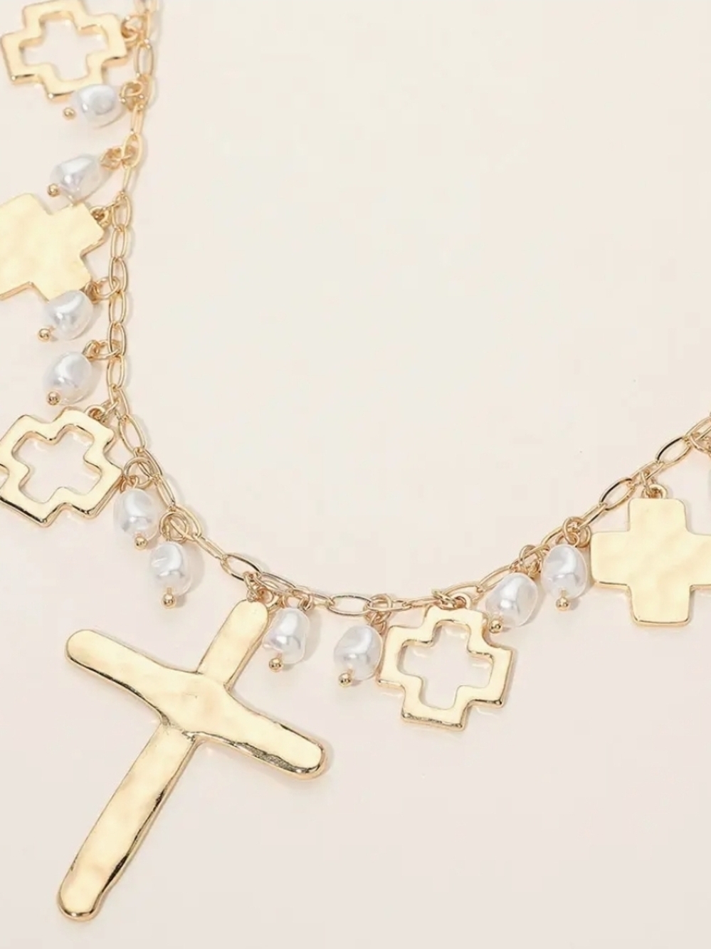Hammered Gold Cross and Pearl Charm Necklace - Women Jewelry